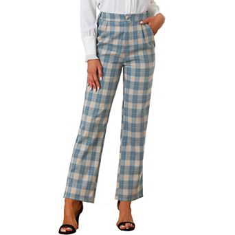 Women's Plaid Elastic Waist Button Zipper Straight Leg Long Pants