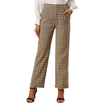 Women's Plaid Elastic Waist Button Zipper Straight Leg Long Pants