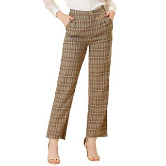 Women's Plaid Elastic Waist Button Zipper Straight Leg Long Pants