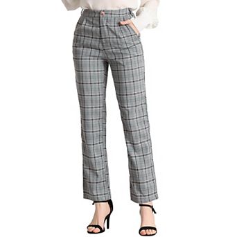 Women's Plaid Elastic Waist Button Zipper Straight Leg Long Pants