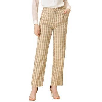 Women's Plaid Elastic Waist Button Zipper Straight Leg Long Pants