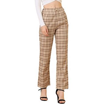 Women's Plaid Elastic Waist Button Zipper Straight Leg Long Pants