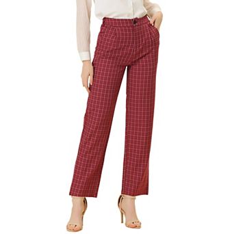 Women's Plaid Elastic Waist Button Zipper Straight Leg Long Pants