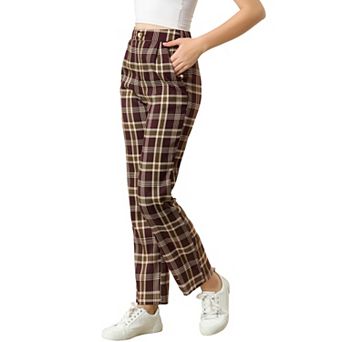 Women's Plaid Elastic Waist Button Zipper Straight Leg Long Pants