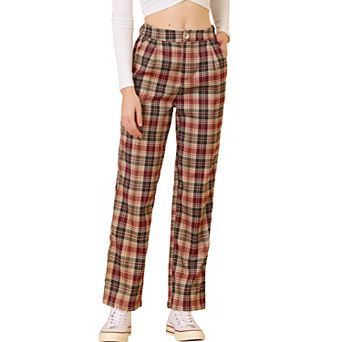 Women's Plaid Elastic Waist Button Zipper Straight Leg Long Pants