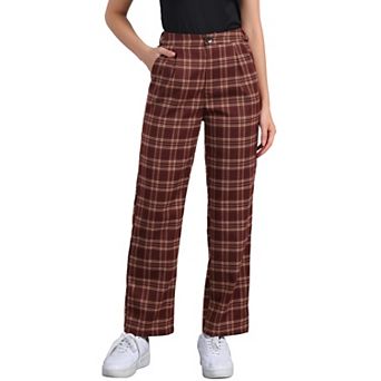 Women's Plaid Elastic Waist Button Zipper Straight Leg Long Pants
