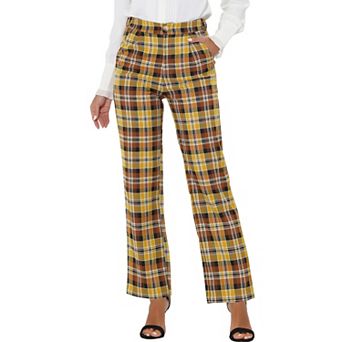 Women's Plaid Elastic Waist Button Zipper Straight Leg Long Pants