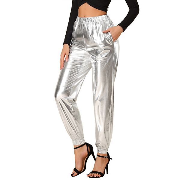 Women's Party Sparkle Shiny High Waist Metallic Jogger Pants