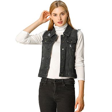 Women's Turn Down Collar Button Denim Washed Vest