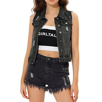 Women's Turn Down Collar Button Denim Washed Vest