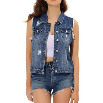 Women's Turn Down Collar Button Denim Washed Vest