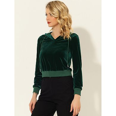 Women's Casual Velvet Hoodie Long Sleeve Workout Crop Top Sweatshirt