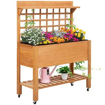 Outdoor Wooden Elevated Growing Plant Bed W/ Shelves For Tool Storage & Wheels