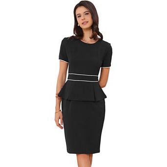 Women's Crew Neck Peplum Contrast Trim Short Sleeve Office Work Bodycon Sheath Dress