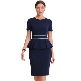Women's Crew Neck Peplum Contrast Trim Short Sleeve Office Work Bodycon Sheath Dress