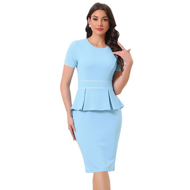 Peplum Pencil Crew Neck Short Sleeve Bodycon Elegant Sheath Dress, Sky Blue / S