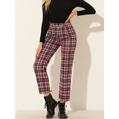Women's Casual Plaid Pants Elastic High Waist Work Trousers