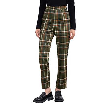 Women's Casual Plaid Pants Elastic High Waist Work Trousers