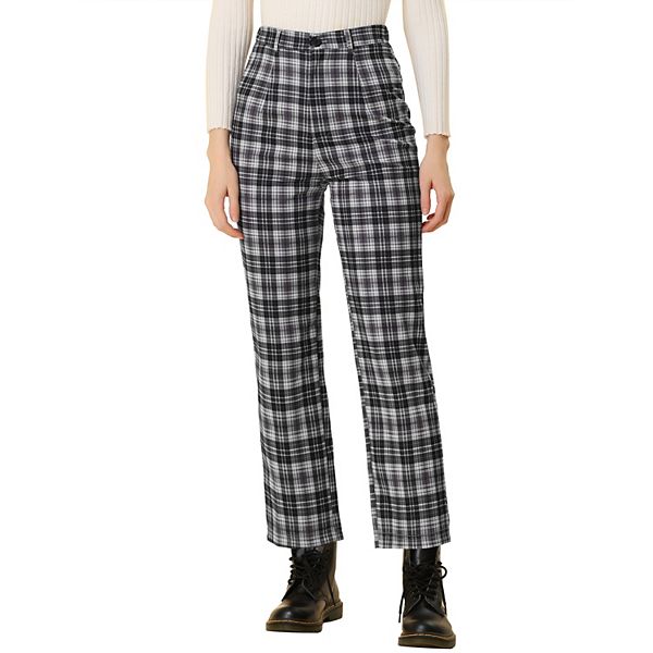 Unique Bargains Women's Tartan Plaid Pants Elastic Waist Straight Long  Trousers