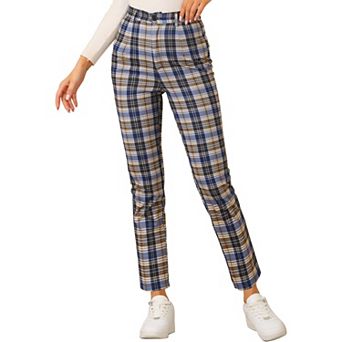 Women's Casual Plaid Pants Elastic High Waist Work Trousers
