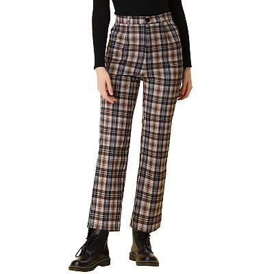Allegra K Women's Plaid Tartan High Waisted Button Casual Pants Medium Black White