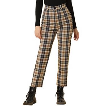 Women's Casual Plaid Pants Elastic High Waist Work Trousers