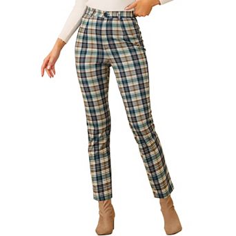 Women's Casual Plaid Pants Elastic High Waist Work Trousers