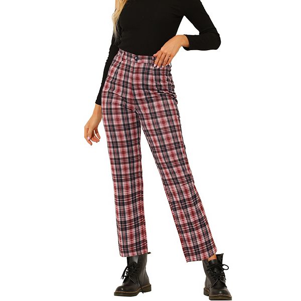 Women's Casual Plaid Pants Elastic High Waist Work Trousers