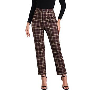 Women's Casual Plaid Pants Elastic High Waist Work Trousers