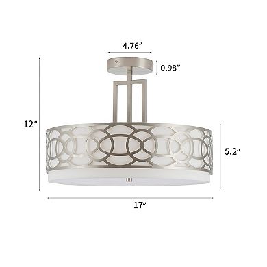 Defong 17 Inch 4-Light Silver Semi Flush Mount Brushed Nickel Ceiling Light Fixture with White Fabric Shade