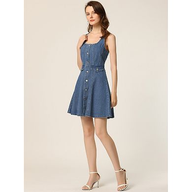 Women's Denim Dress Square Neck Button Down Sleeveless Flared Jean Dresses