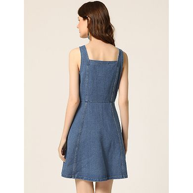 Women's Denim Dress Square Neck Button Down Sleeveless Flared Jean Dresses