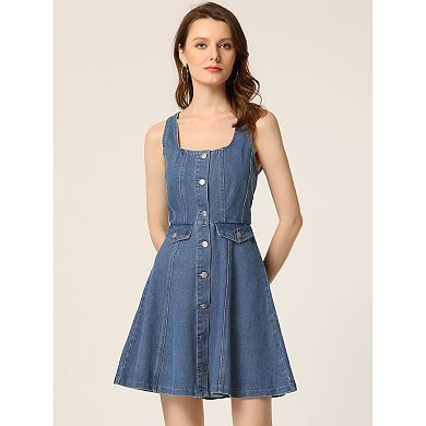 Women's Denim Dress Square Neck Button Down Sleeveless Flared Jean Dresses