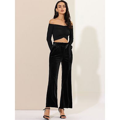 Women's Velvet Pants Tie Waist Stretchy Wide Leg Pants with Pockets