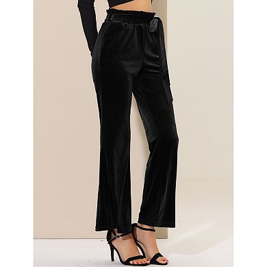 Women's Velvet Pants Tie Waist Stretchy Wide Leg Pants with Pockets