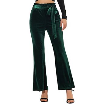 Women's Velvet Pants Tie Waist Stretchy Wide Leg Pants with Pockets