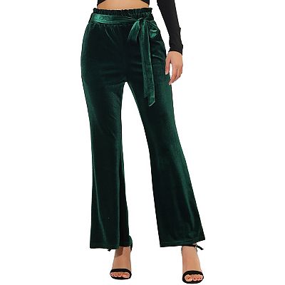 Women's Velvet Pants Tie Waist Stretchy Wide Leg Pants with Pockets