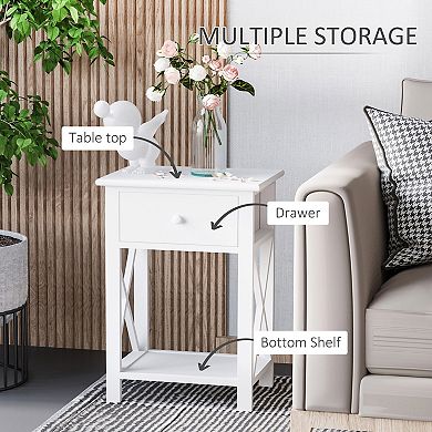 Freestanding Paulownia Wood End Table With 1 Drawer X Bar Frame White