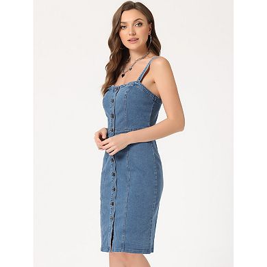 Button Down Denim Dress For Women's Sleeveless Sweetheart Neck Jean Dresses