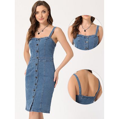 Button Down Denim Dress For Women's Sleeveless Sweetheart Neck Jean Dresses