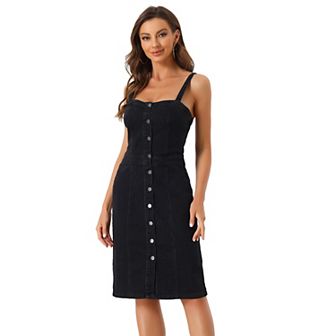 Button Down Denim Dress For Women's Sleeveless Sweetheart Neck Jean Dresses