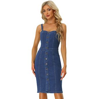 Button Down Denim Dress for Women's Sleeveless Sweetheart Neck Jean Dresses