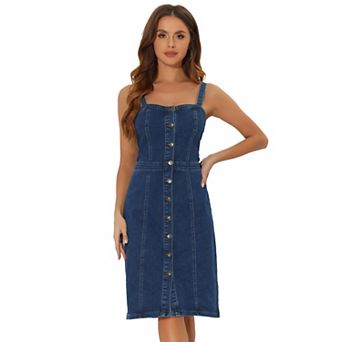 Button Down Denim Dress For Women's Sleeveless Sweetheart Neck Jean Dresses