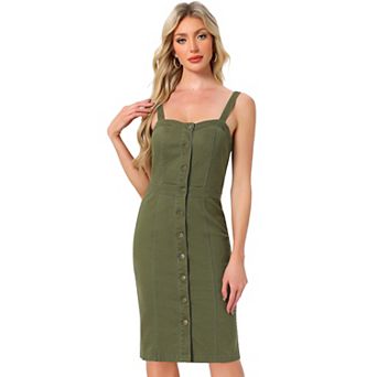 Button Down Denim Dress for Women's Sleeveless Sweetheart Neck Jean Dresses