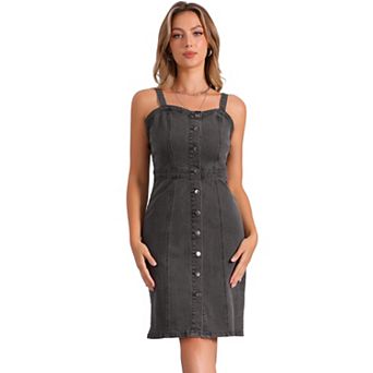 Button Down Denim Dress For Women's Sleeveless Sweetheart Neck Jean Dresses