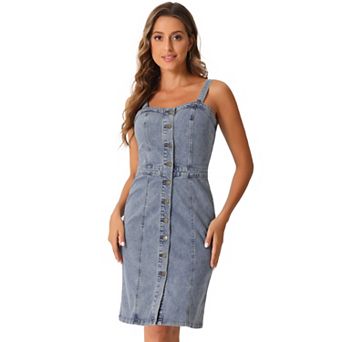 Button Down Denim Dress for Women's Sleeveless Sweetheart Neck Jean Dresses