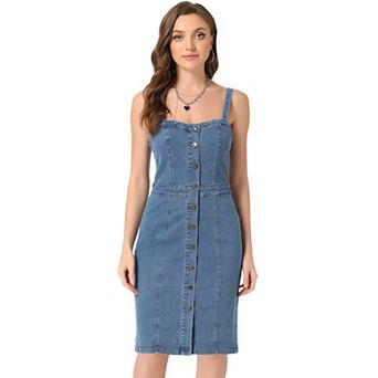 Button Down Denim Dress For Women's Sleeveless Sweetheart Neck Jean Dresses