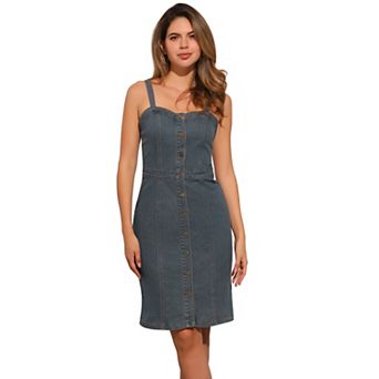 Button Down Denim Dress for Women's Sleeveless Sweetheart Neck Jean Dresses