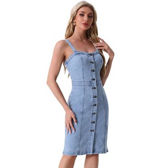 Button Down Denim Dress For Women's Sleeveless Sweetheart Neck Jean Dresses