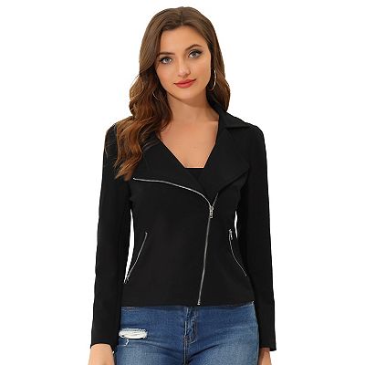Women s Knit Zipper Front Drawstring Long Sleeve Everyday Casual Biker Jacket With Hood